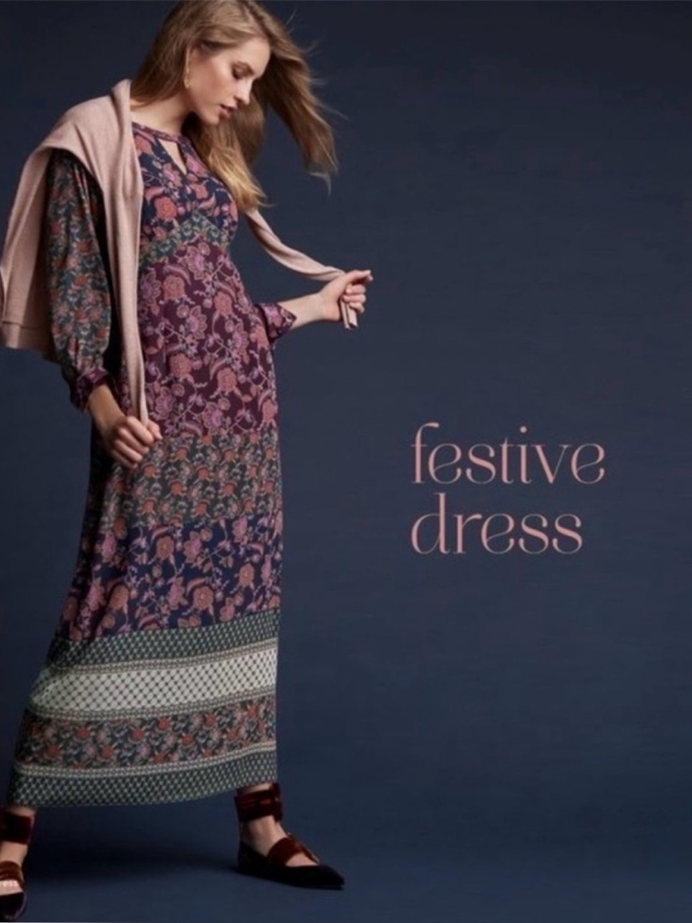 CAbi Festive Dress #3675 XS Floral Boho Maxi Long Sleeve